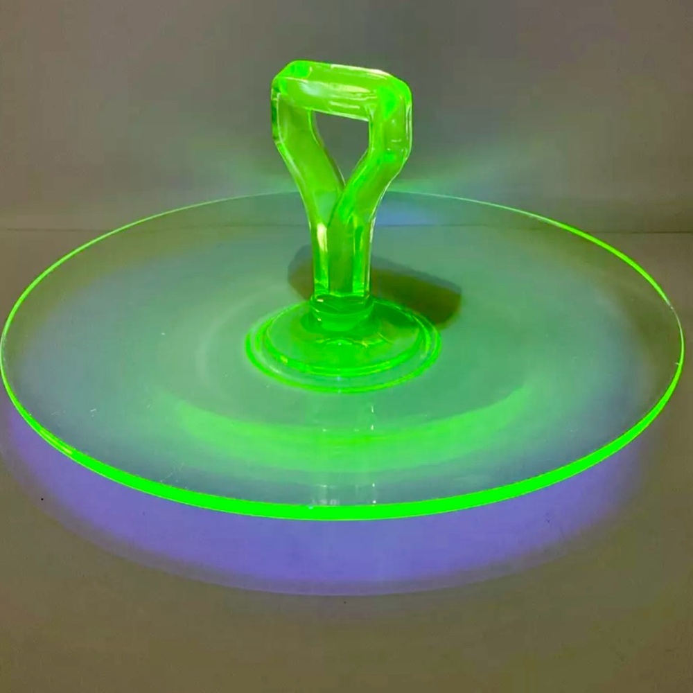 Vintage Round Green Uranium Glass Tidbit Tray 10”, Mint
